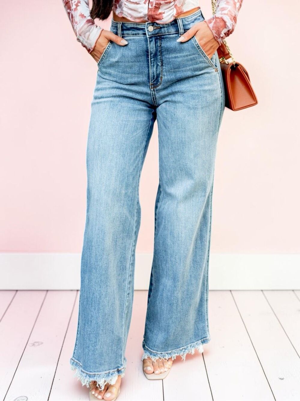 Judy Blue High Rise Retro Wide Leg Jeans Medium Sage Wash Raw Hem Stretch Denim - Picture 4 of 15